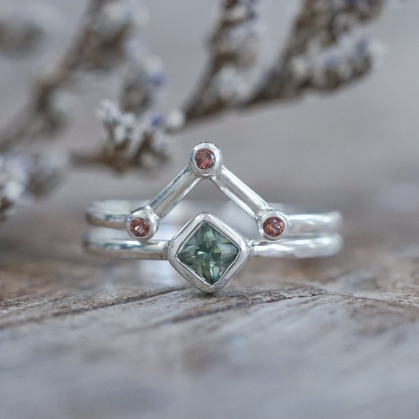 Geometric Blue and Green Hexagon Aquamarine and Kite Lab Emerald Engagement  Ring Three Stones